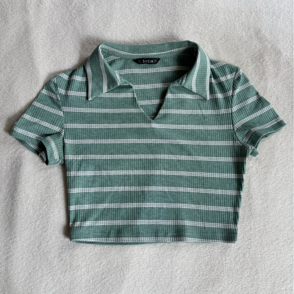 SHEIN Mint and White Ribbed Striped Top